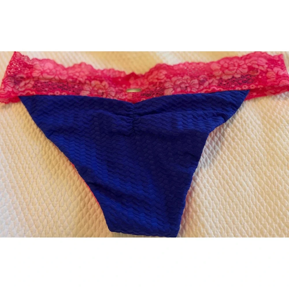 Beach Bunny Swimwear Blue Pink Lace Waist Scrunch Back Bikini Bottom‎ XL